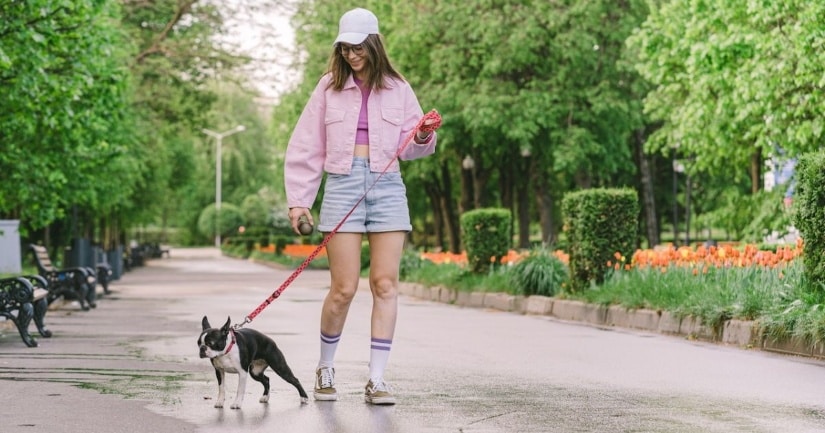 Girl walking with a terrier